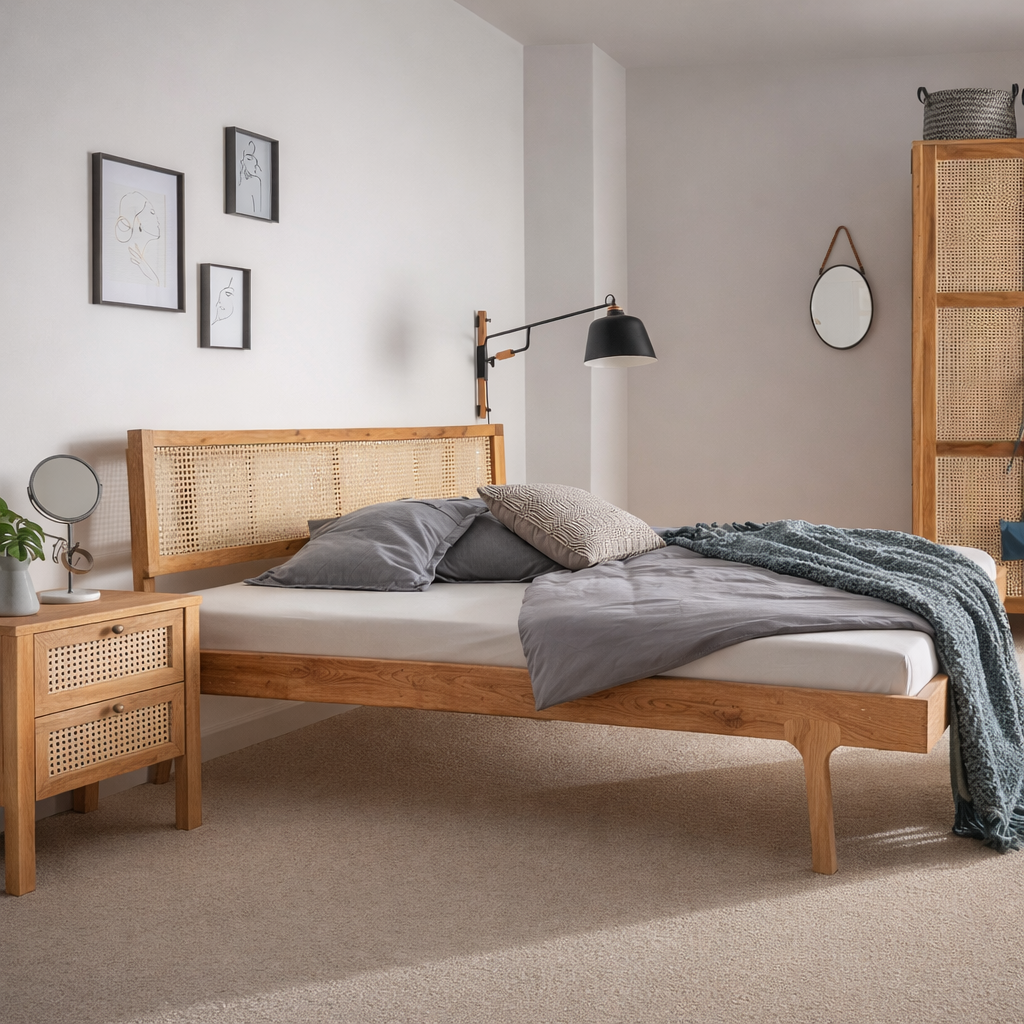 Balder snedkersengebord/sidebord i massivt FSC-egetræ og fransk naturflet – Natur olie