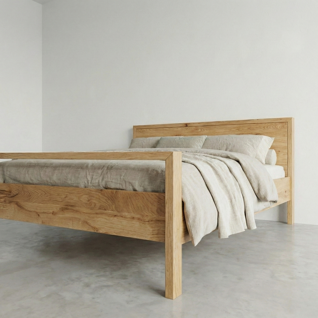 Freja snedker sengeramme i massiv egetræ med høj fodende – Natur olie