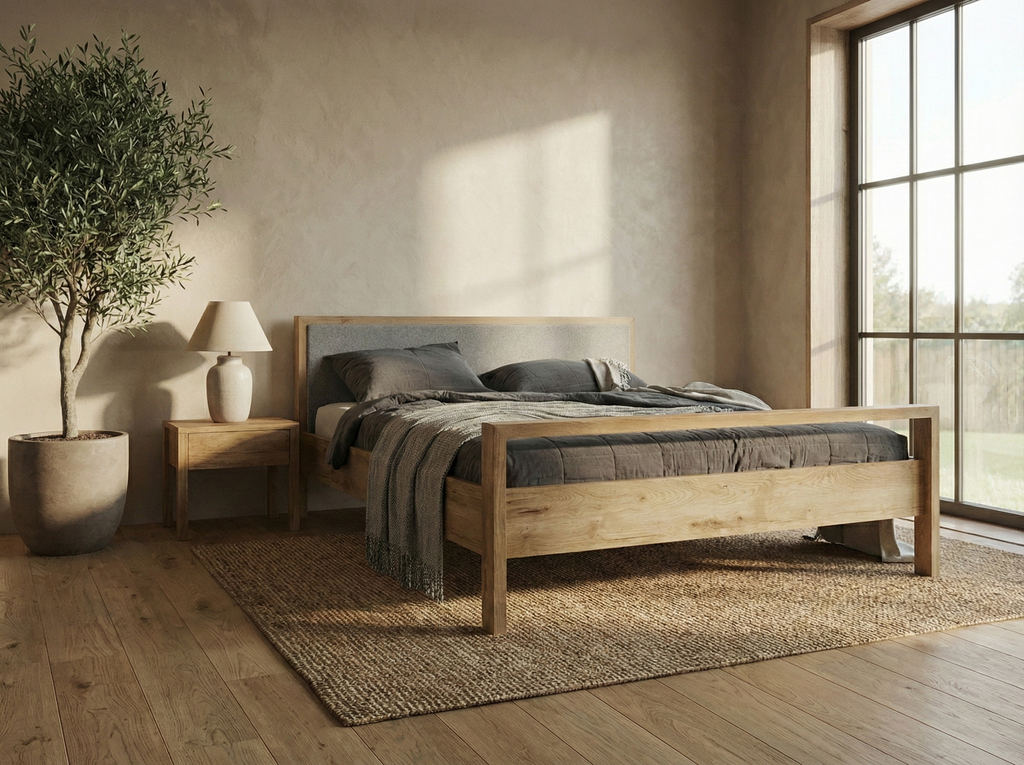 Freja snedker sengeramme i massiv egetræ med høj fodende og uld på gavl – Natur olie