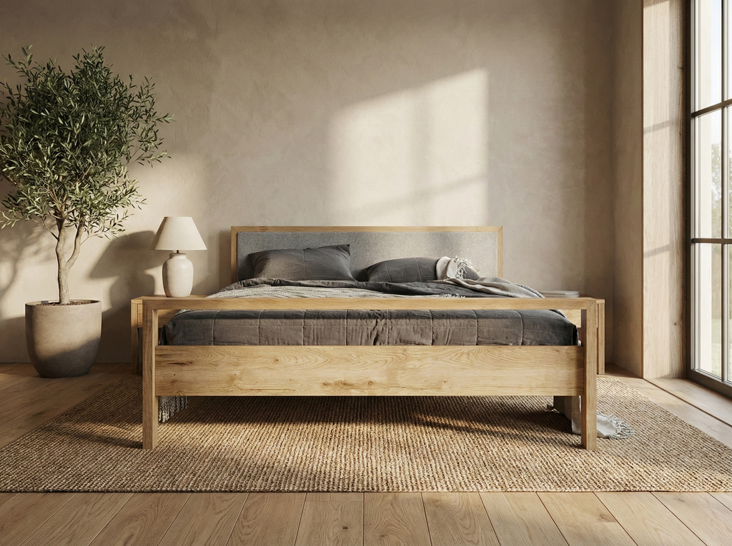 Freja snedker sengeramme i massiv egetræ med høj fodende og uld på gavl – Natur olie