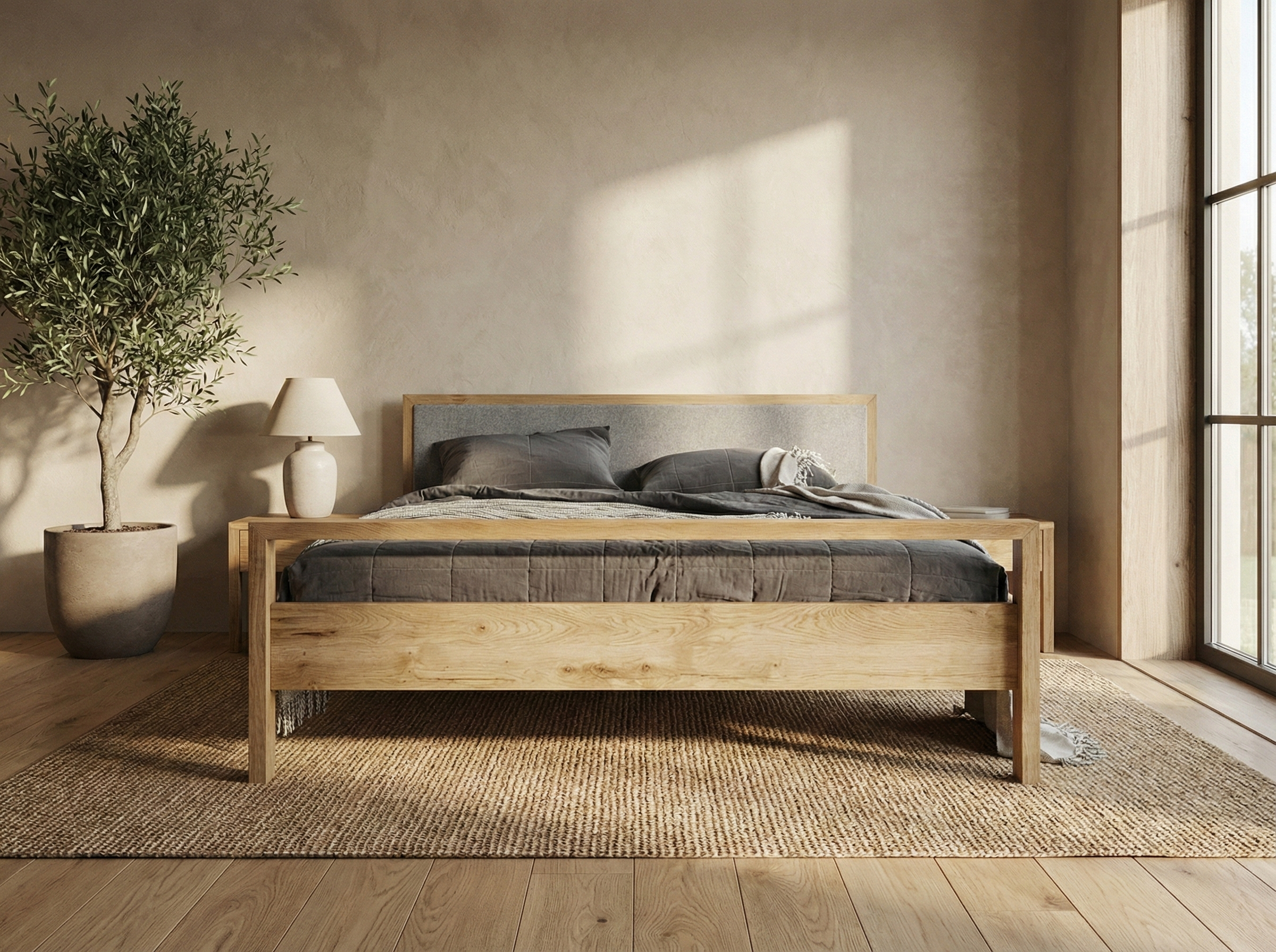Freja snedker sengeramme i massiv egetræ med høj fodende og uld på gavl – Natur olie