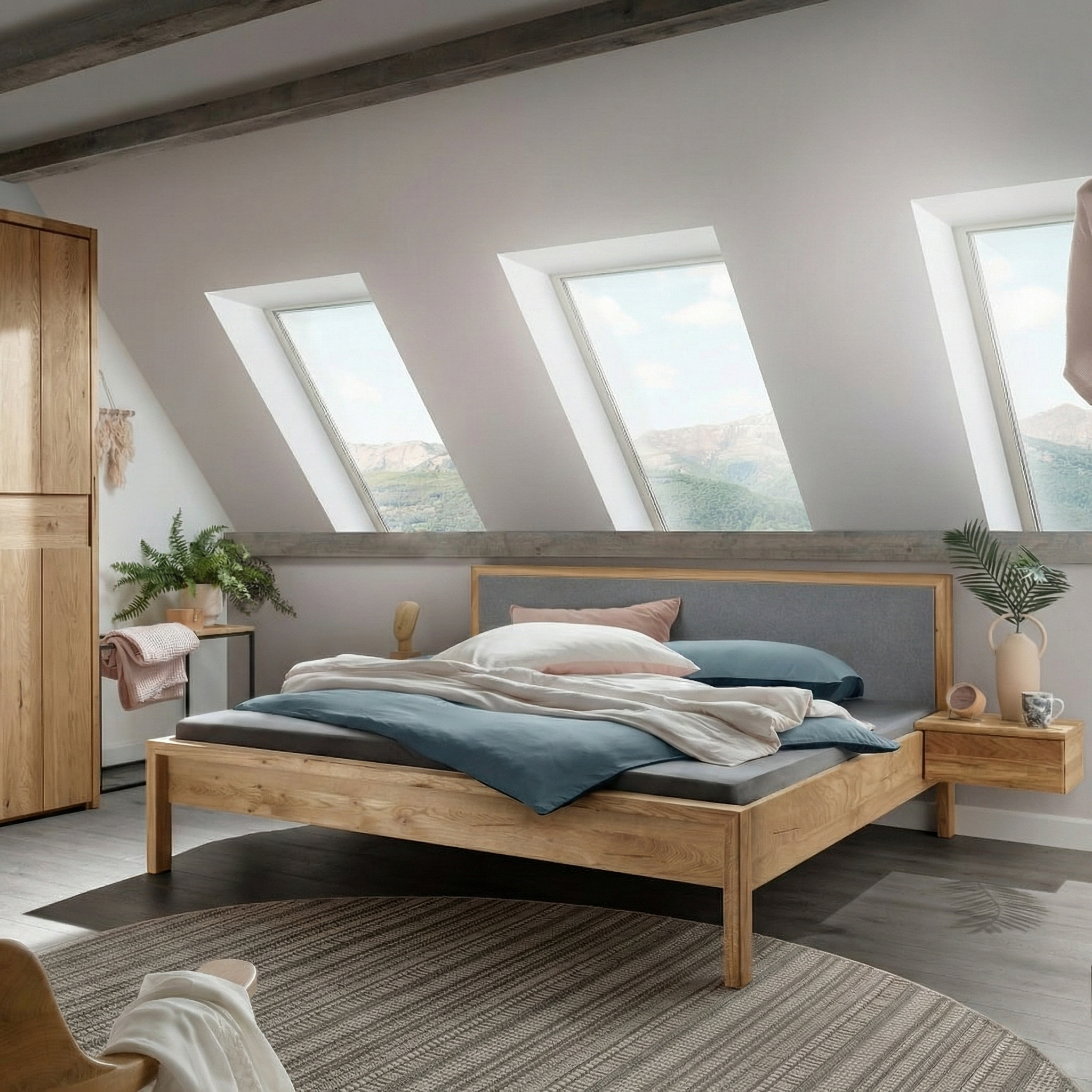 Freja snedker sengeramme i massiv egetræ og uld på gavl – Natur olie