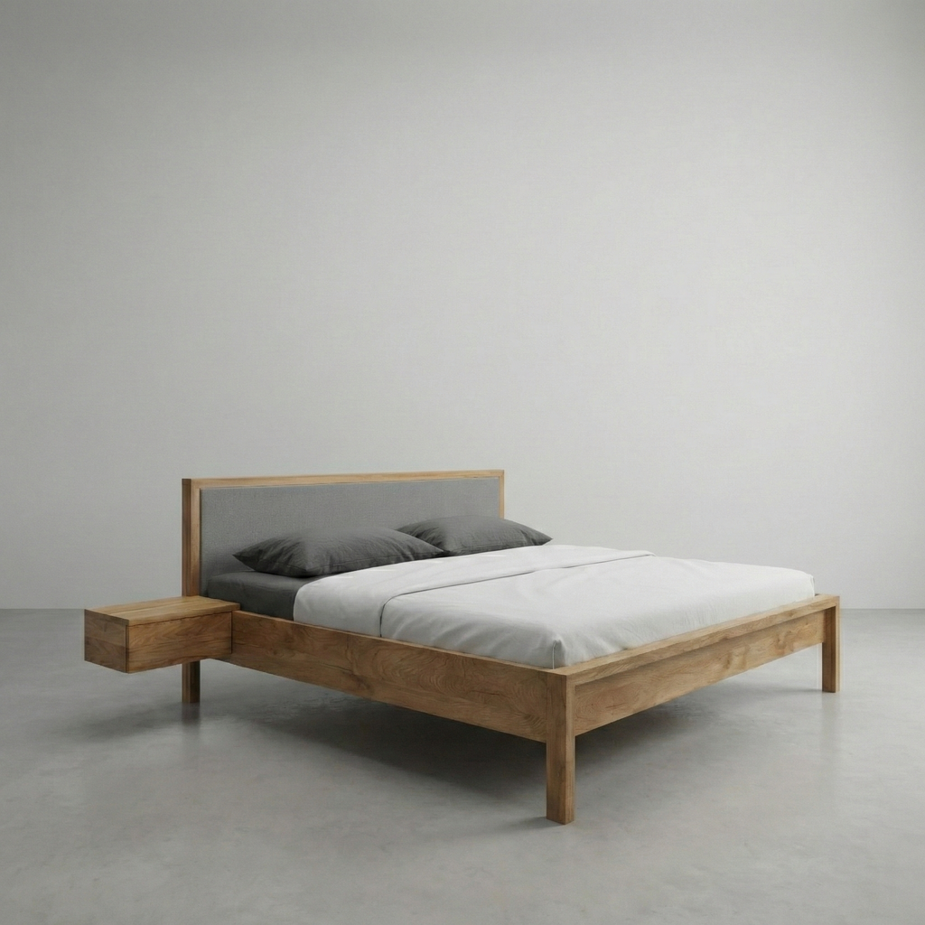 Freja snedker sengeramme i massiv egetræ og uld på gavl – Natur olie