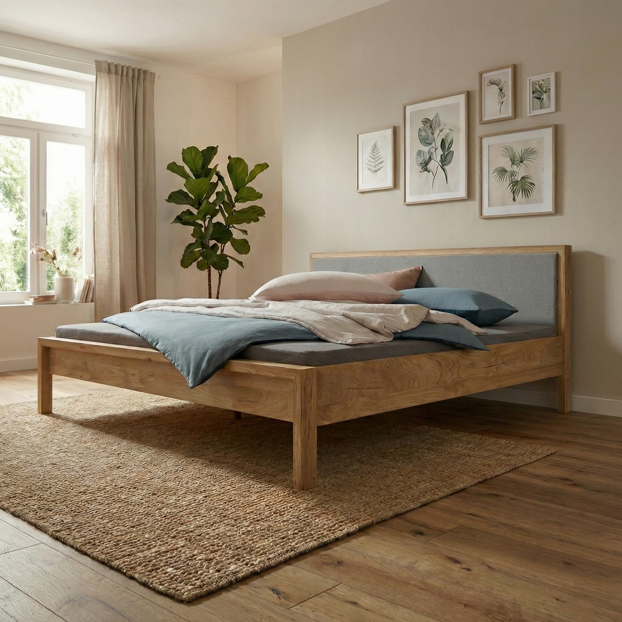 Freja snedker sengeramme i massiv egetræ og uld på gavl – Natur olie