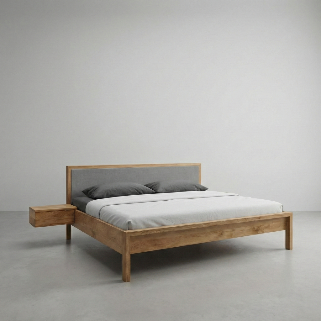 Freja snedker sengeramme i massiv egetræ og uld på gavl – Natur olie