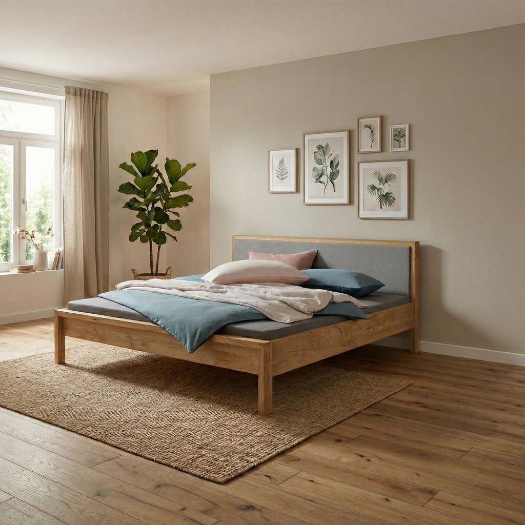 Freja snedker sengeramme i massiv egetræ og uld på gavl – Natur olie