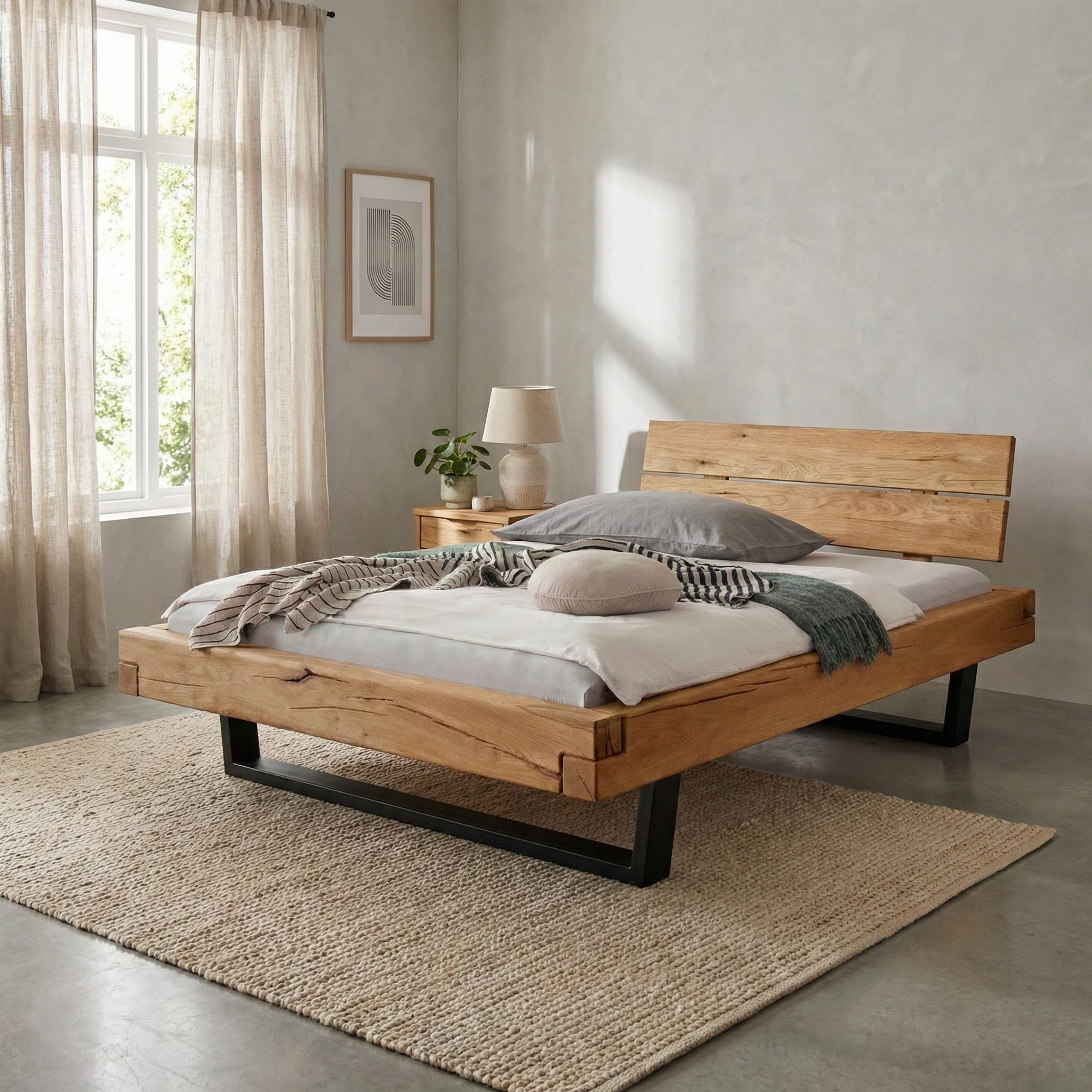 Frigg bjælkesengeramme i massivt egetræ  med gavl og metalben – Natur olie