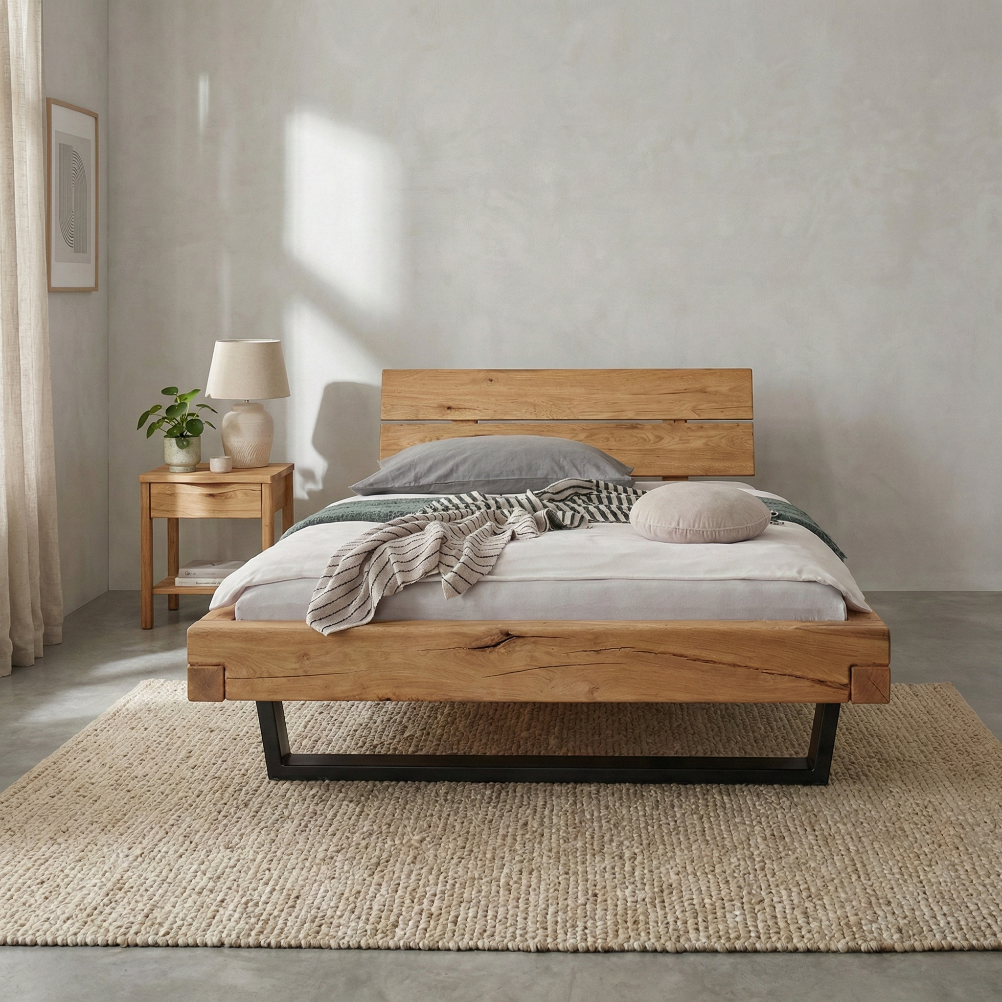 Frigg bjælkesengeramme i massivt egetræ  med gavl og metalben – Natur olie