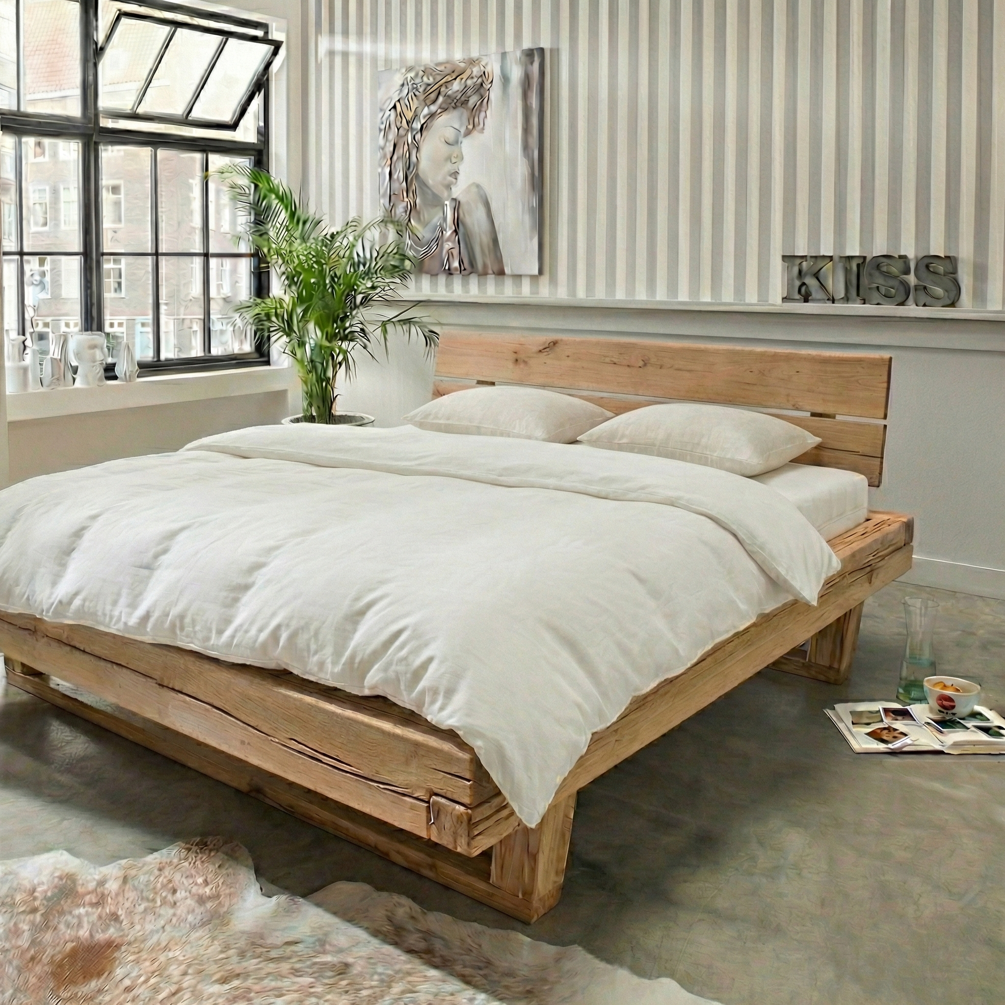 Frigg bjælkesengeramme i massivt egetræ med gavl og træben – Natur olie