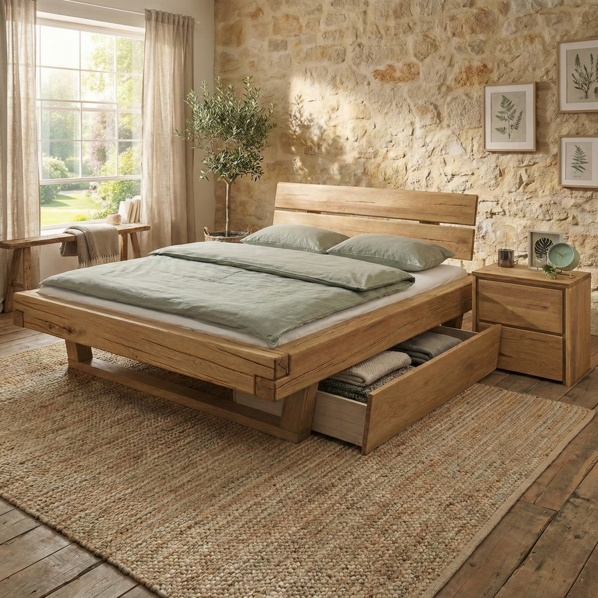 Frigg bjælkesengeramme i massivt egetræ med gavl og træben – Natur olie