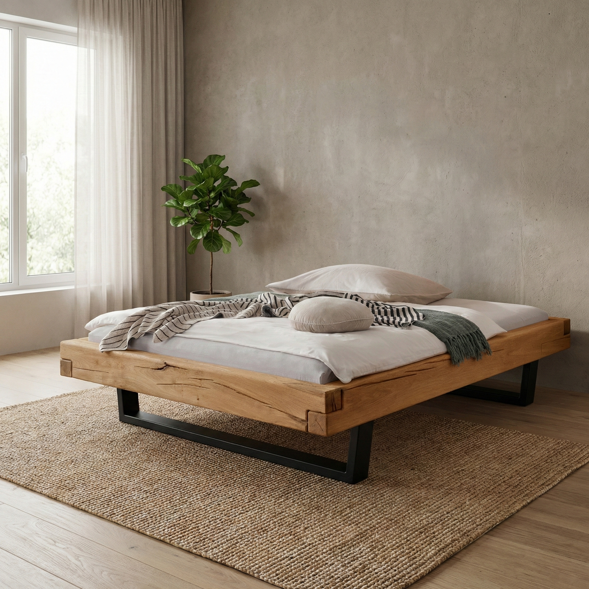 Frigg bjælkesengeramme i massivt egetræ  med metalben uden gavl – Natur olie