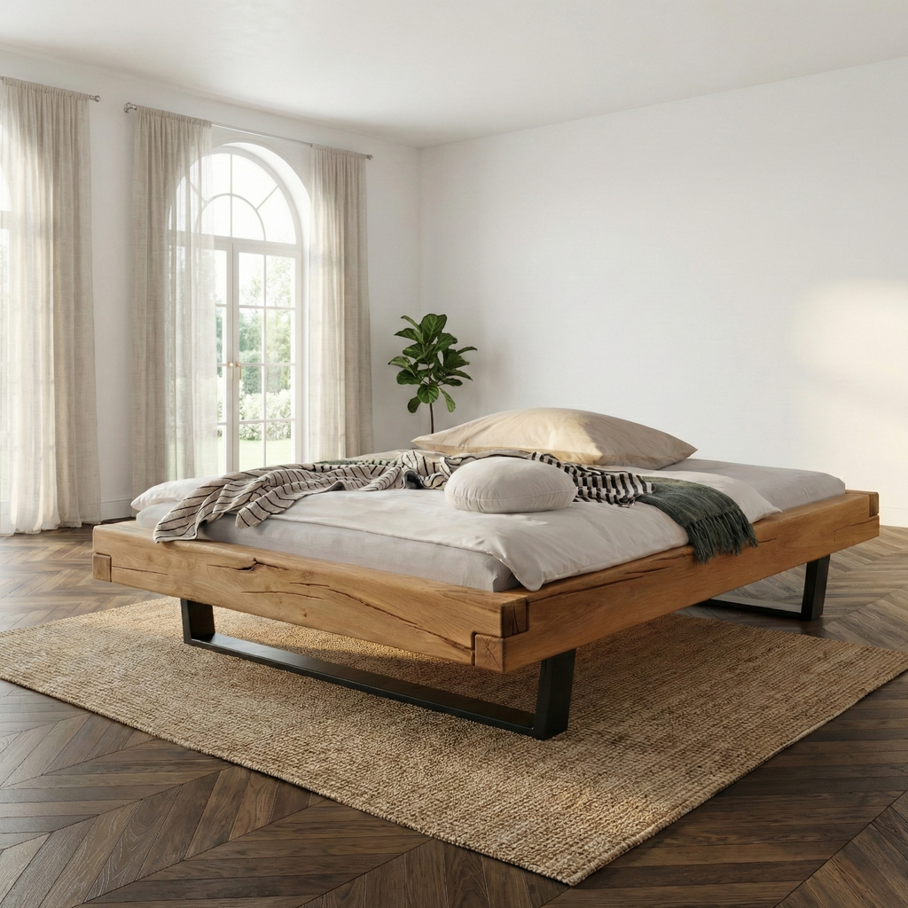 Frigg bjælkesengeramme i massivt egetræ  med metalben uden gavl – Natur olie