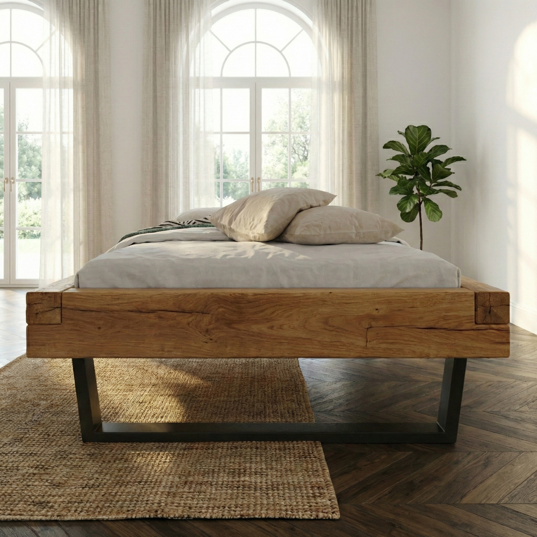 Frigg bjælkesengeramme i massivt egetræ  med metalben uden gavl – Natur olie