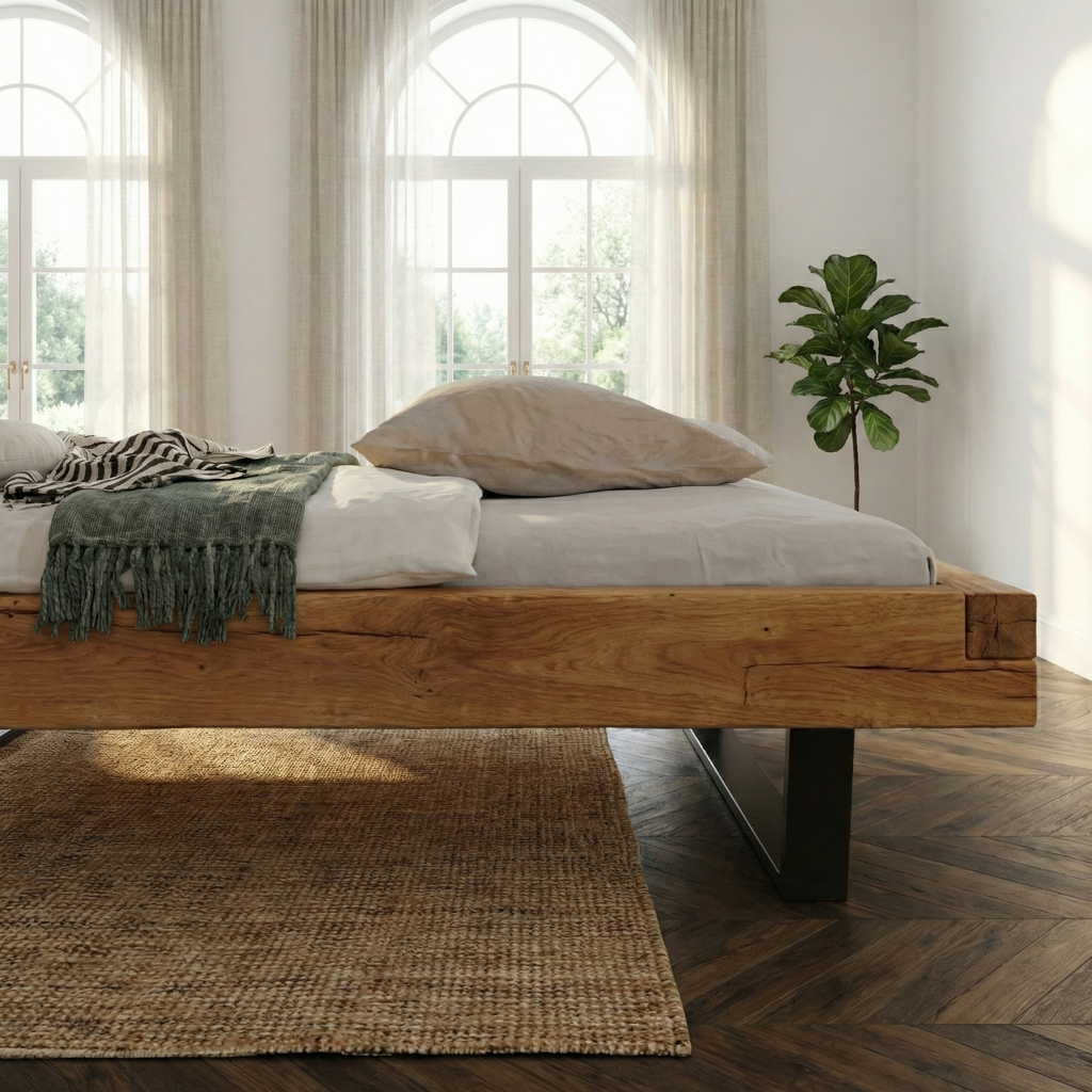 Frigg bjælkesengeramme i massivt egetræ  med metalben uden gavl – Natur olie