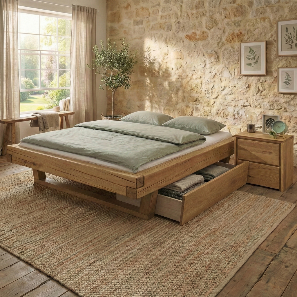 Frigg bjælkesengeramme i massivt egetræ med træben uden gavl – Natur olie