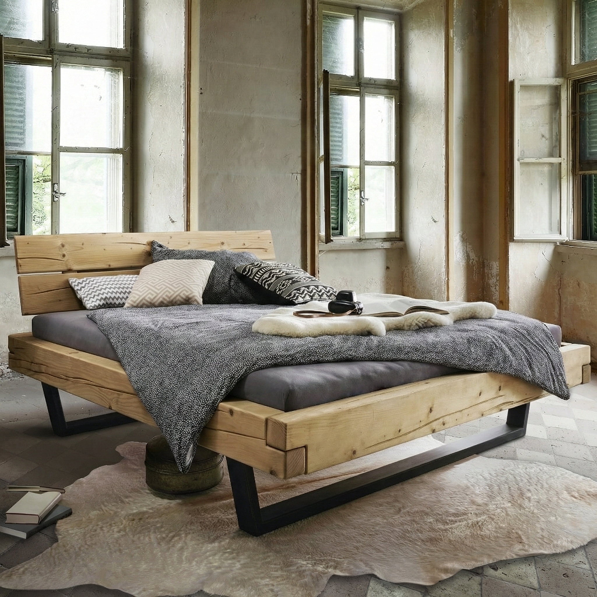 Frigg bjælkesengeramme i massivt grantræ  med gavl og metalben – Bivoks