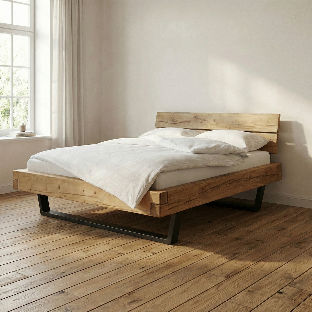 Frigg bjælkesengeramme i massivt grantræ  med gavl og metalben – Bivoks