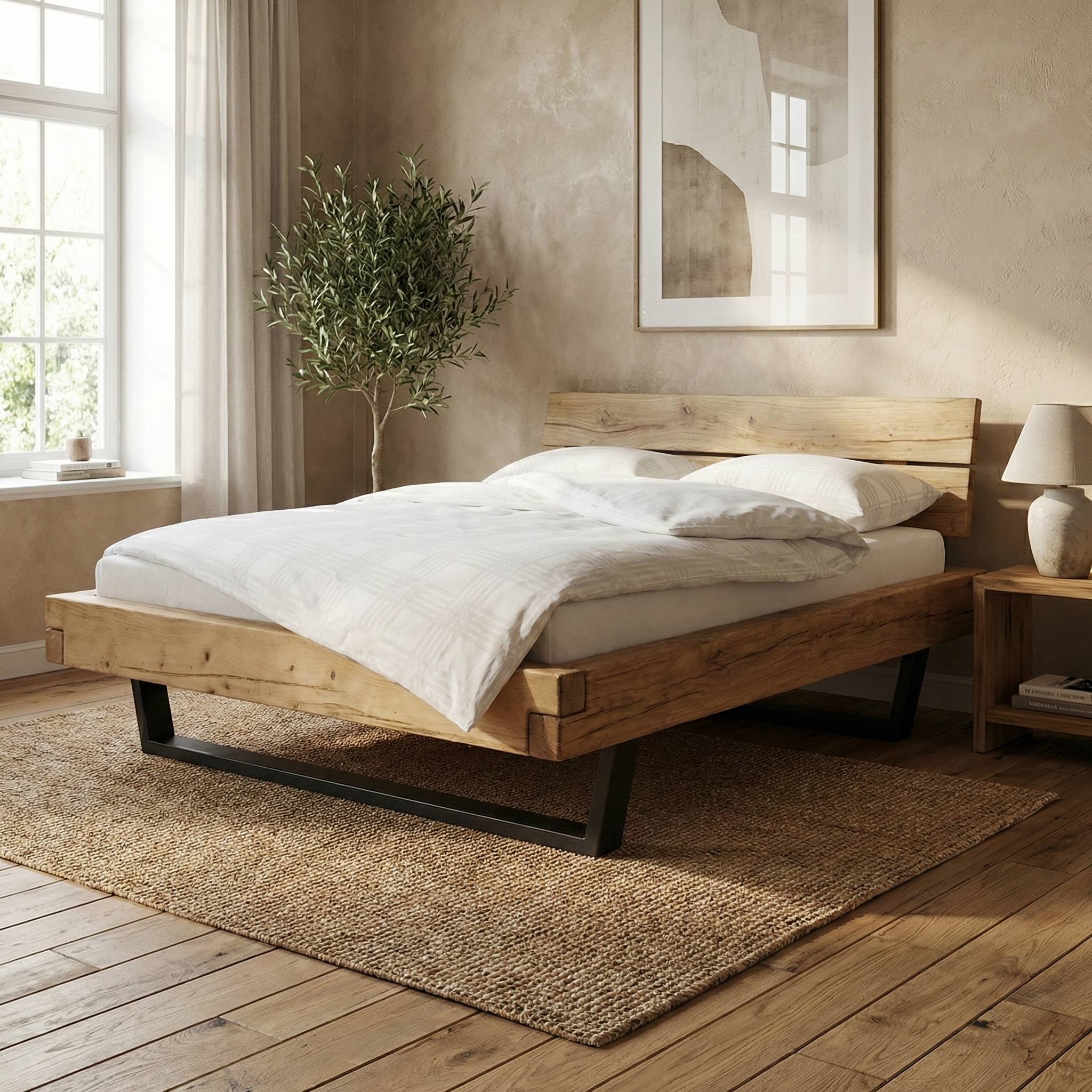 Frigg bjælkesengeramme i massivt grantræ  med gavl og metalben – Bivoks