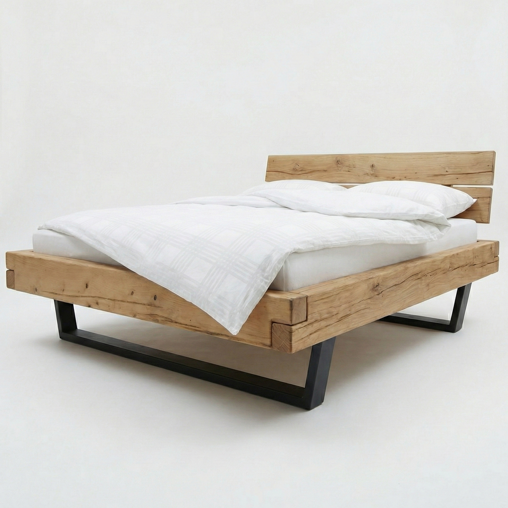 Frigg bjælkesengeramme i massivt grantræ  med gavl og metalben – Bivoks