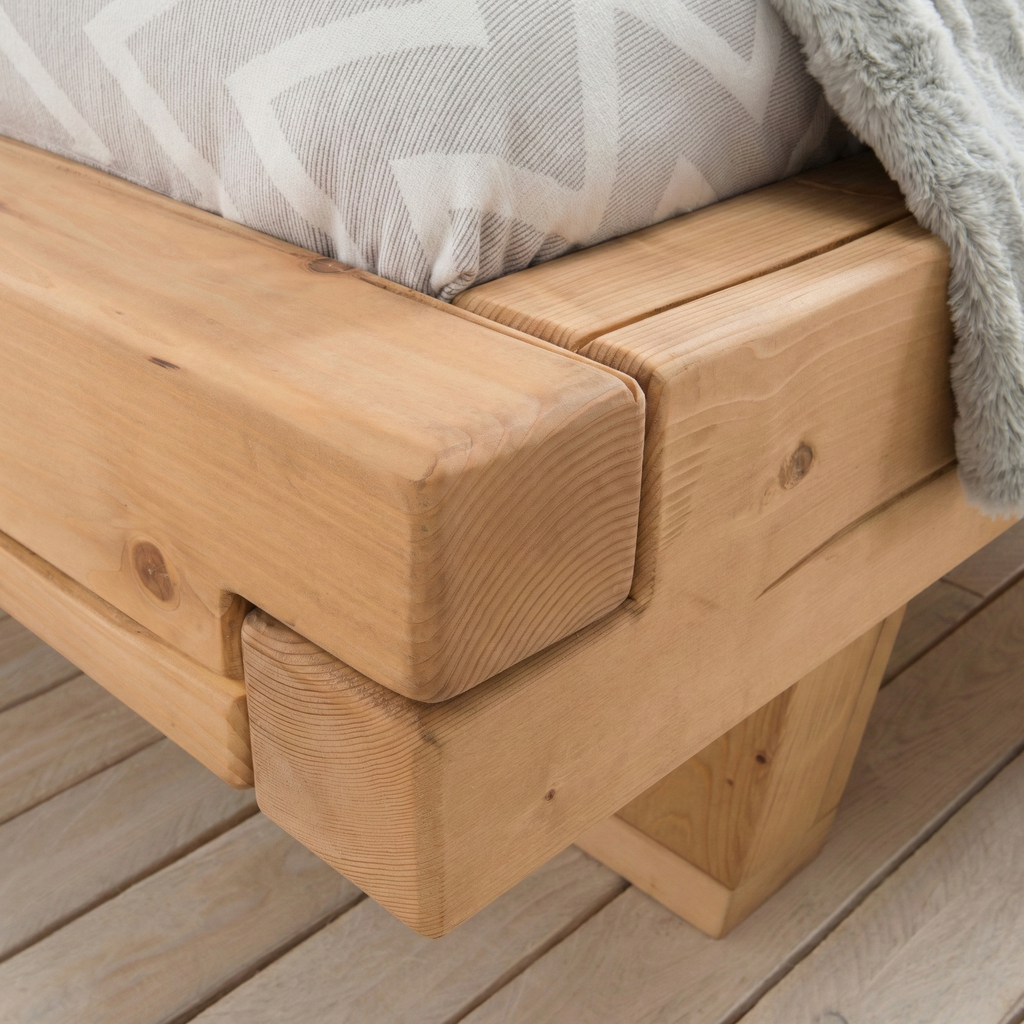 Frigg bjælkesengeramme i massivt grantræ  med gavl og metalben – Bivoks