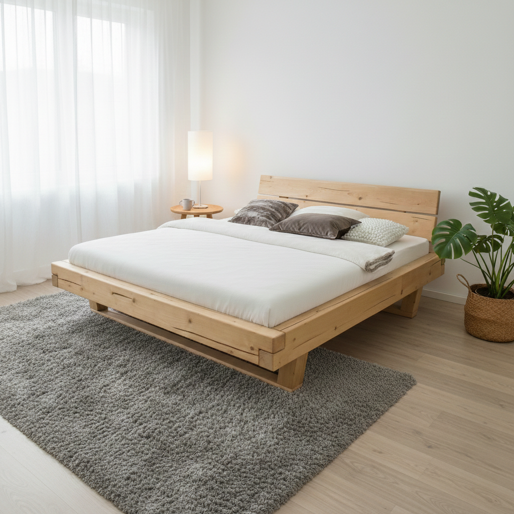 Frigg bjælkesengeramme i massivt grantræ med gavl og træben – Bivoks