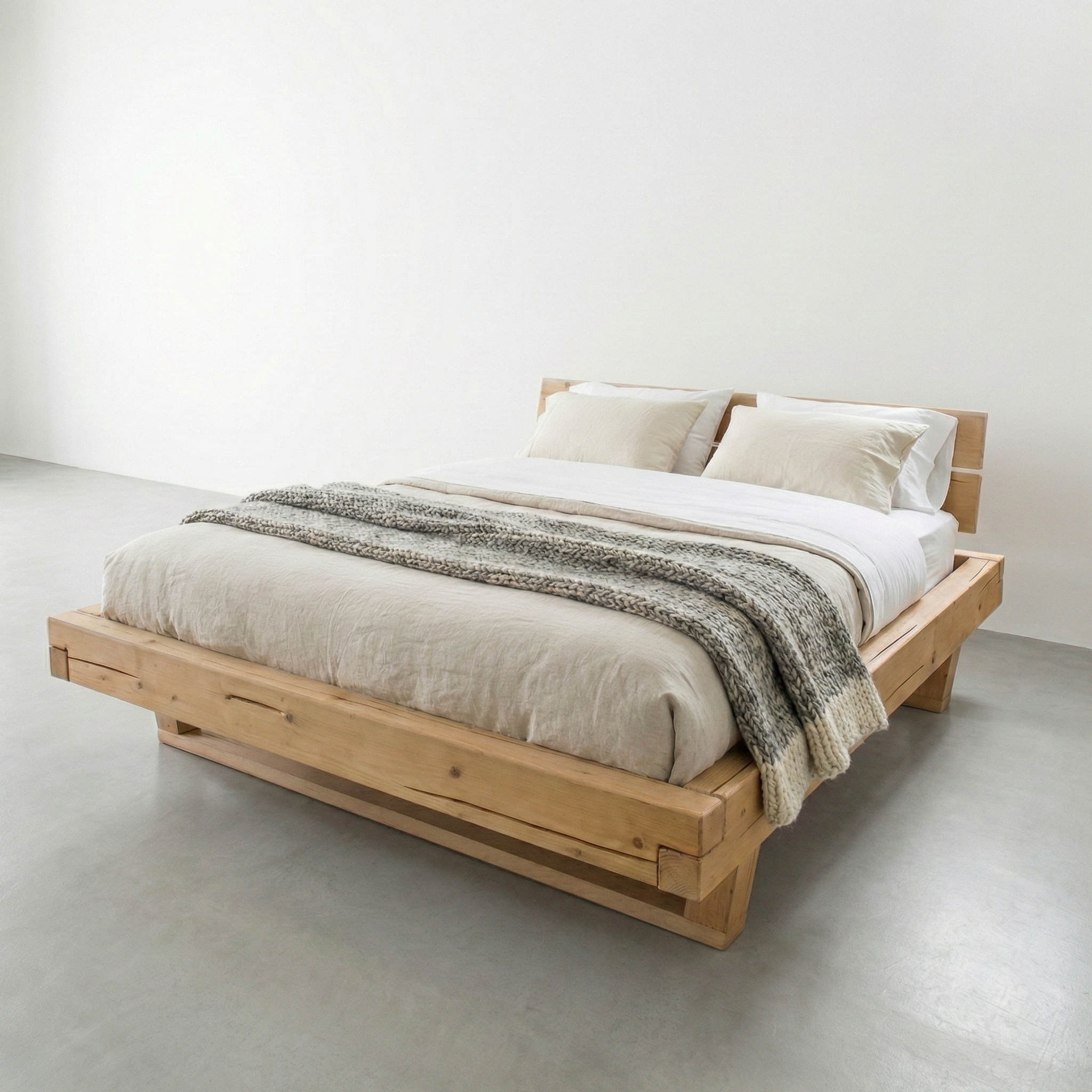 Frigg bjælkesengeramme i massivt grantræ med gavl og træben – Bivoks