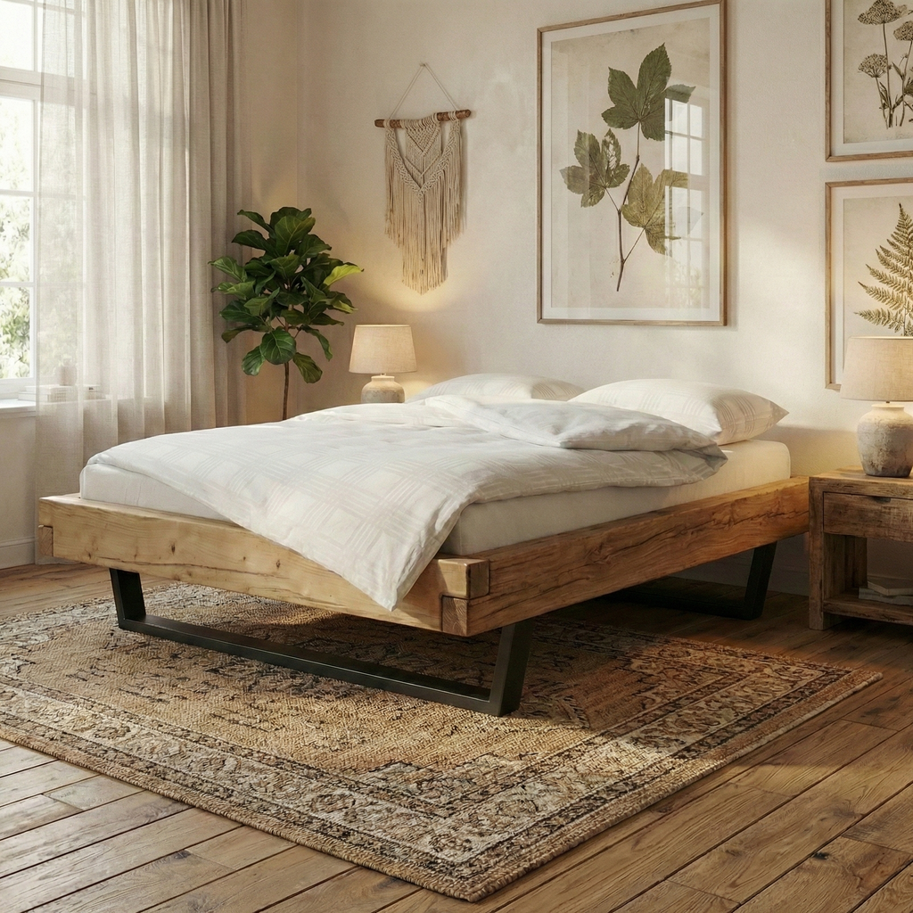 Frigg bjælkesengeramme i massivt grantræ med metalben uden gavl – Bivoks