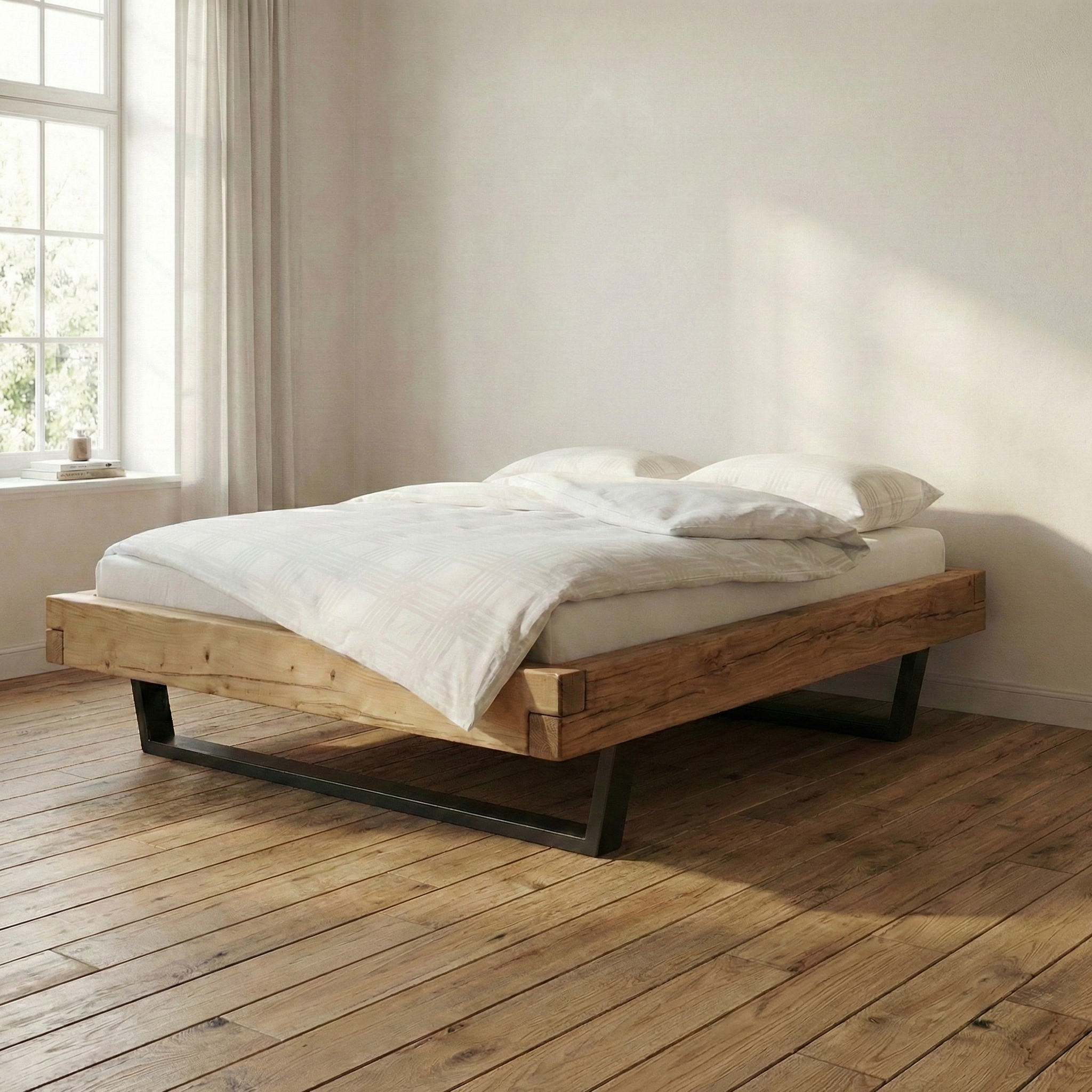 Frigg bjælkesengeramme i massivt grantræ med metalben uden gavl – Bivoks