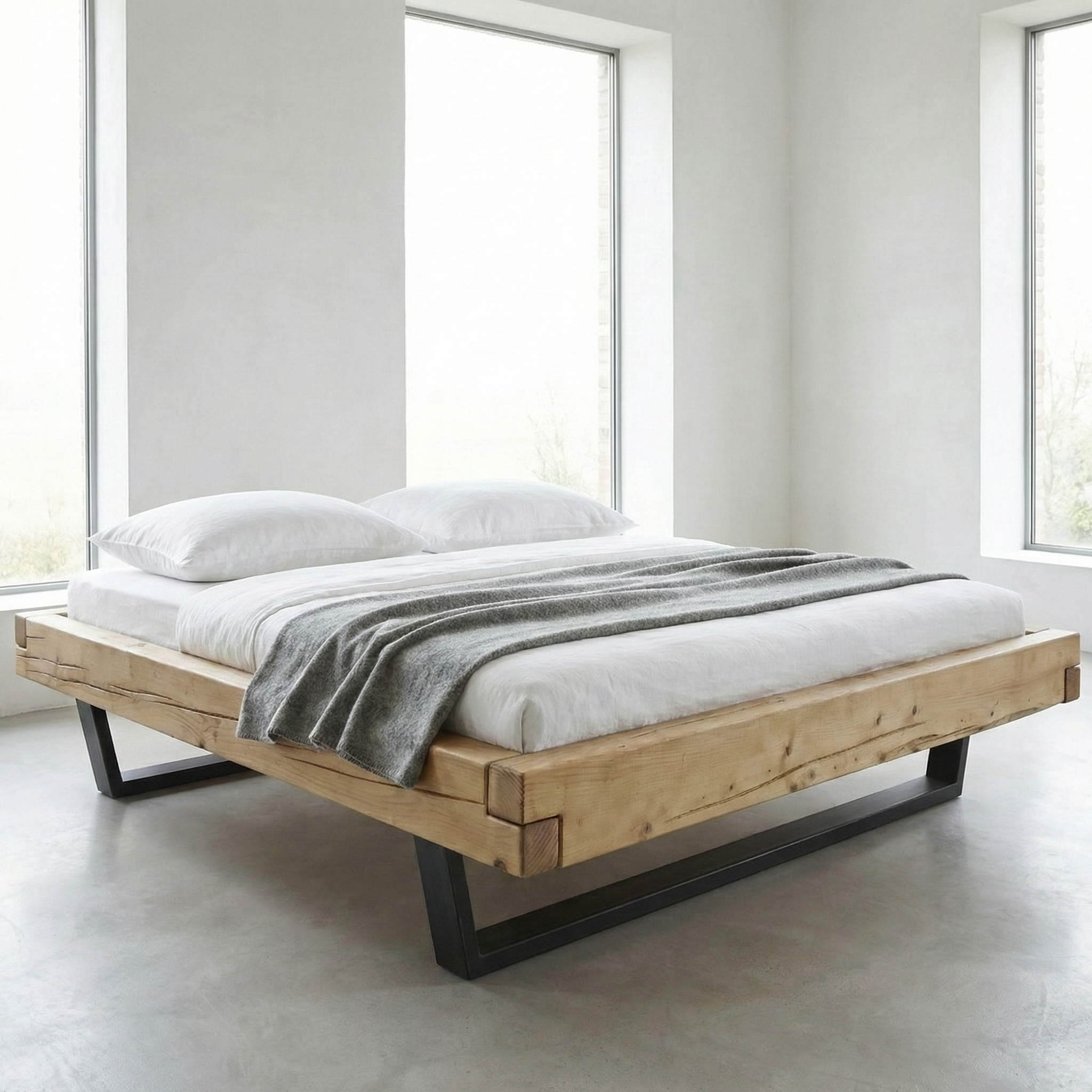 Frigg bjælkesengeramme i massivt grantræ med metalben uden gavl – Bivoks