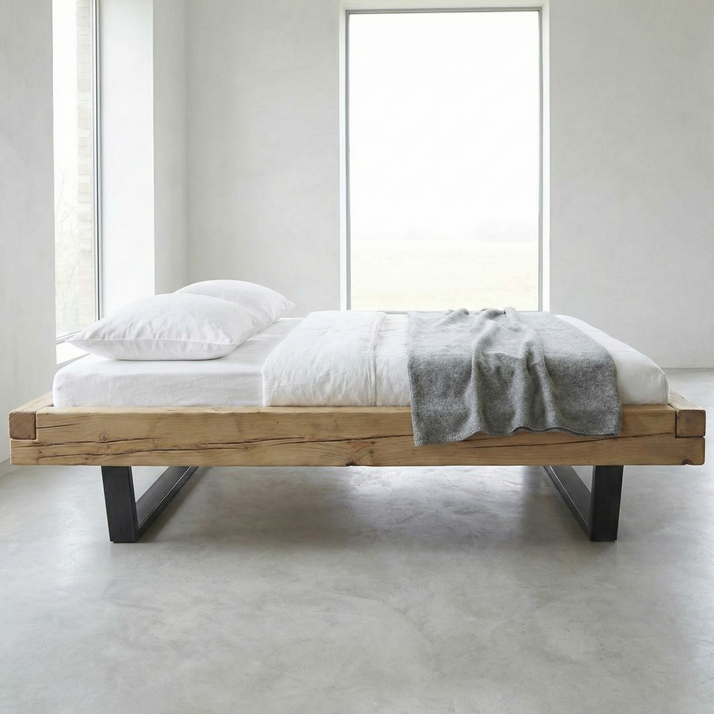 Frigg bjælkesengeramme i massivt grantræ med metalben uden gavl – Bivoks