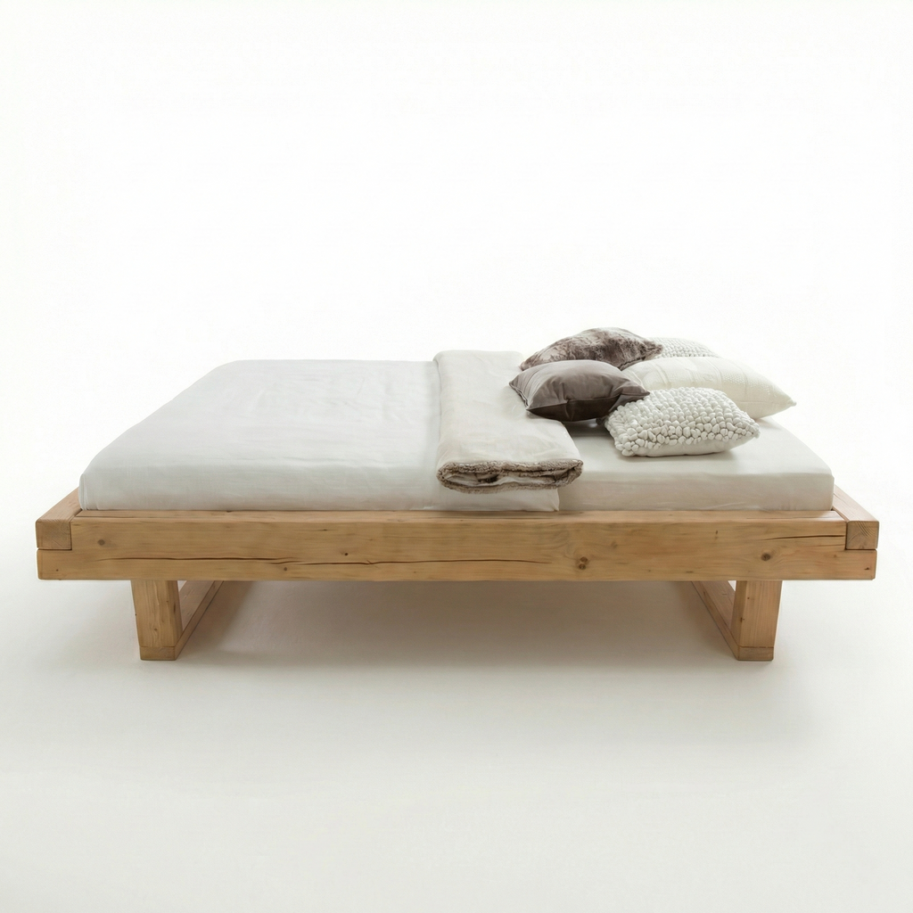 Frigg bjælkesengeramme i massivt grantræ med træben uden gavl – Bivoks