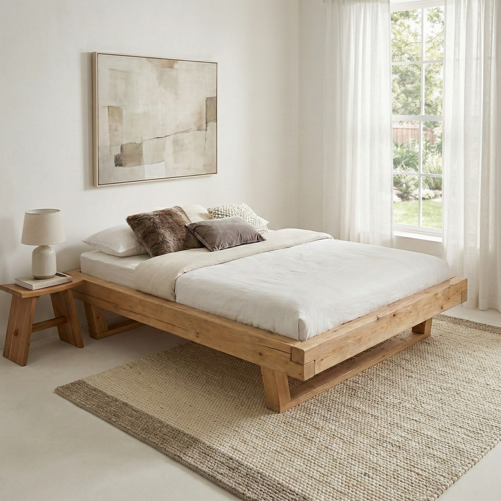 Frigg bjælkesengeramme i massivt grantræ med træben uden gavl – Bivoks