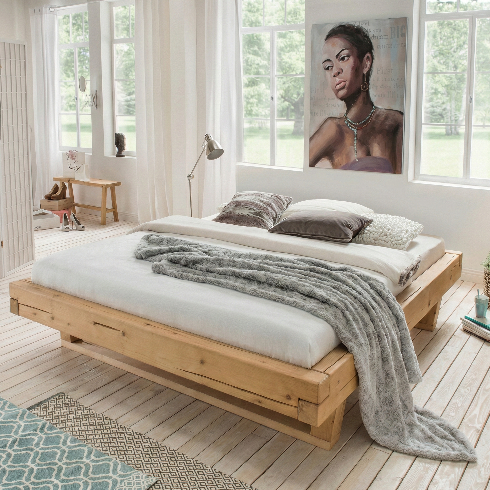 Frigg bjælkesengeramme i massivt grantræ med træben uden gavl – Bivoks