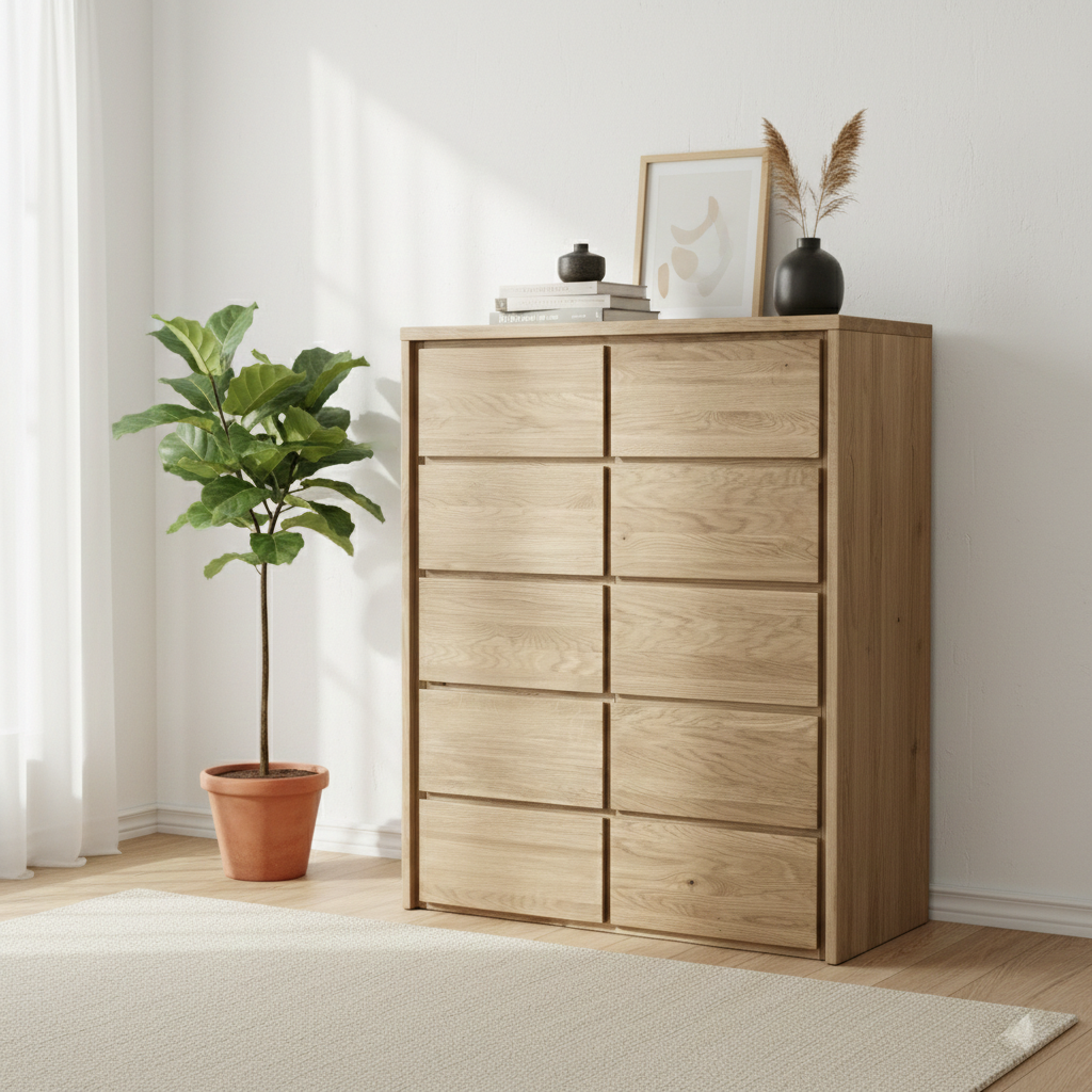 Heimdal kommode i massivt egetræ med 1 låge og 5 skuffer – Natur olie