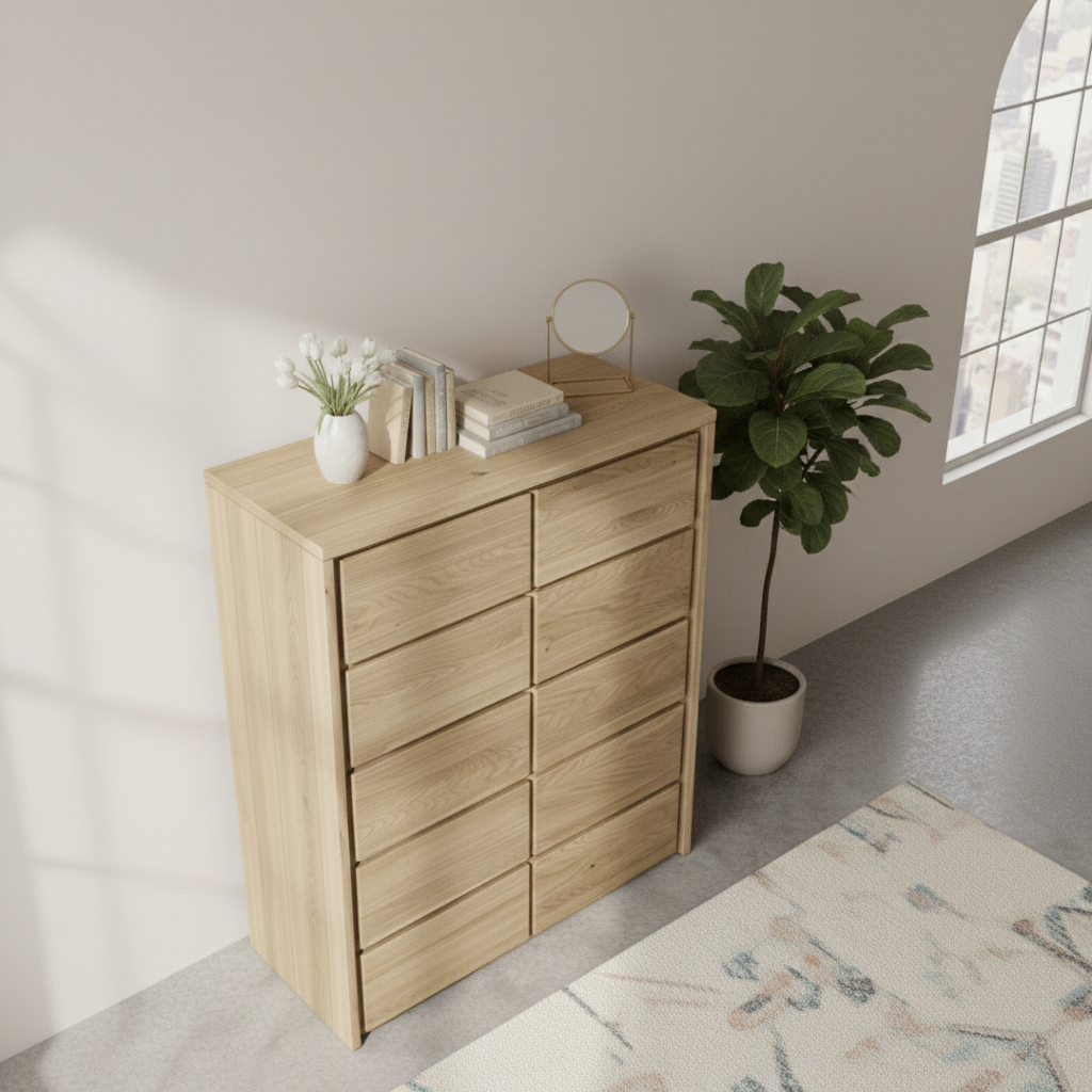 Heimdal kommode i massivt egetræ med 1 låge og 5 skuffer – Natur olie