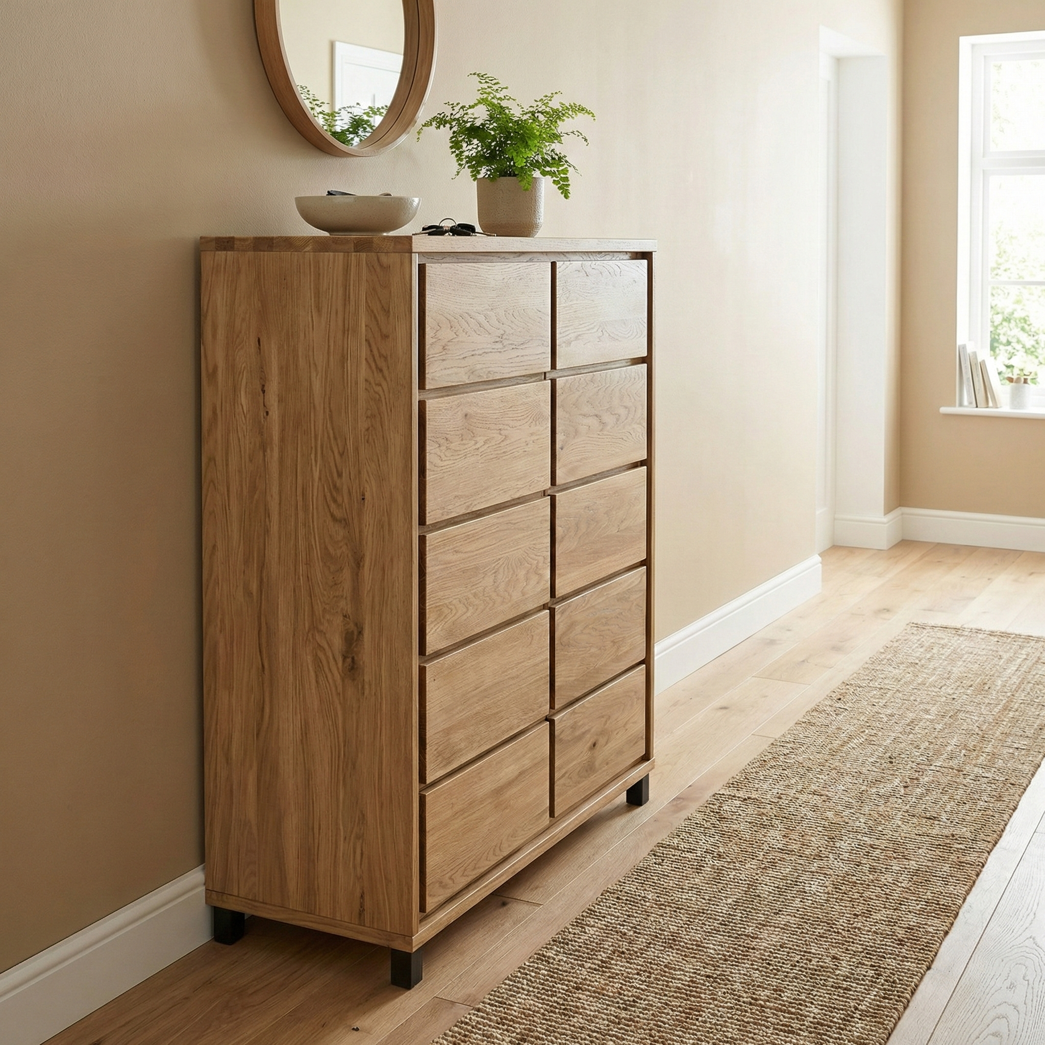 Heimdal kommode i massivt egetræ med 1 låge og 5 skuffer på ben – Natur olie