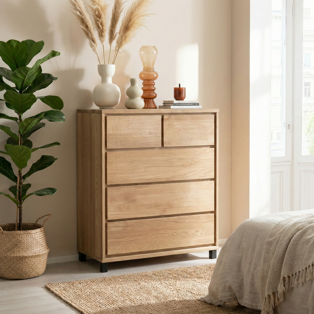 Heimdal kommode i massivt egetræ med 2 + 3 skuffer på metalben – Natur olie