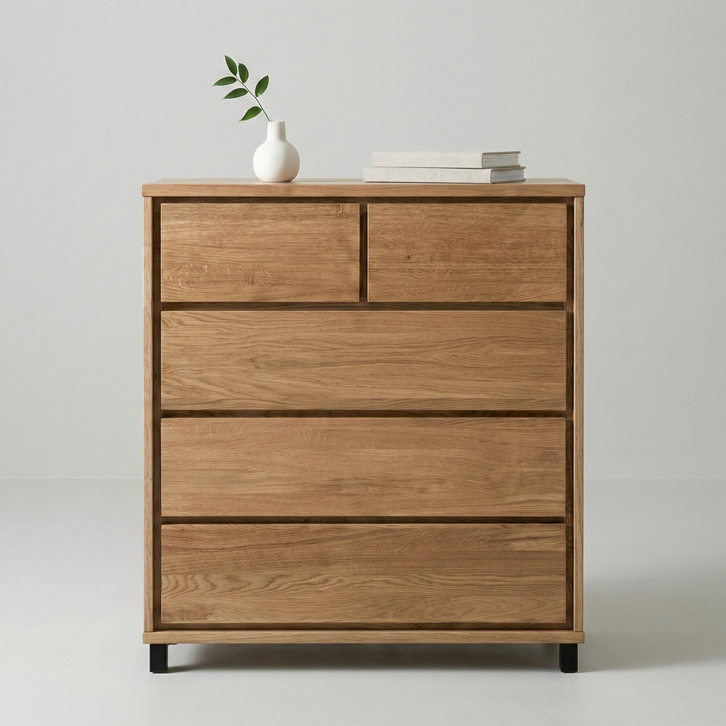 Heimdal kommode i massivt egetræ med 2 + 3 skuffer på metalben – Natur olie
