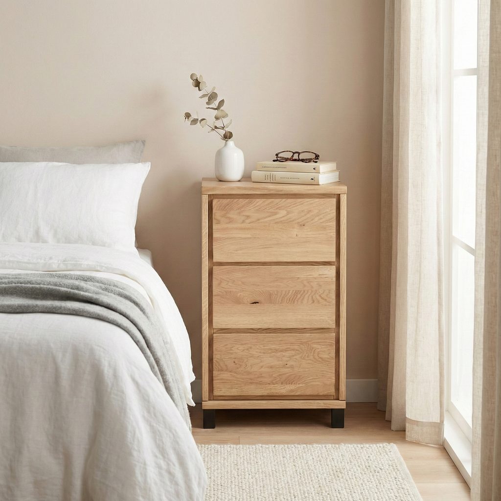 Heimdal kommode i massivt egetræ med 3 skuffer på metalben – Natur olie