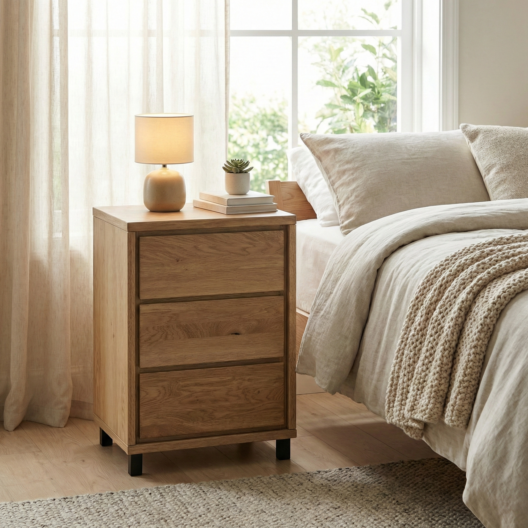 Heimdal kommode i massivt egetræ med 3 skuffer på metalben – Natur olie